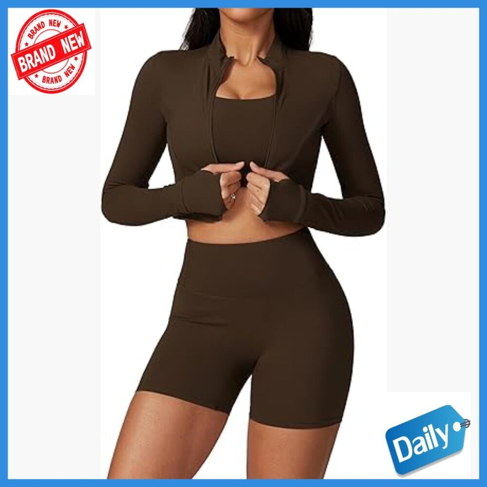 Seamless 3-Piece Workout Set High Waisted Shorts Crop Top Jacket - Picture 1 of 6